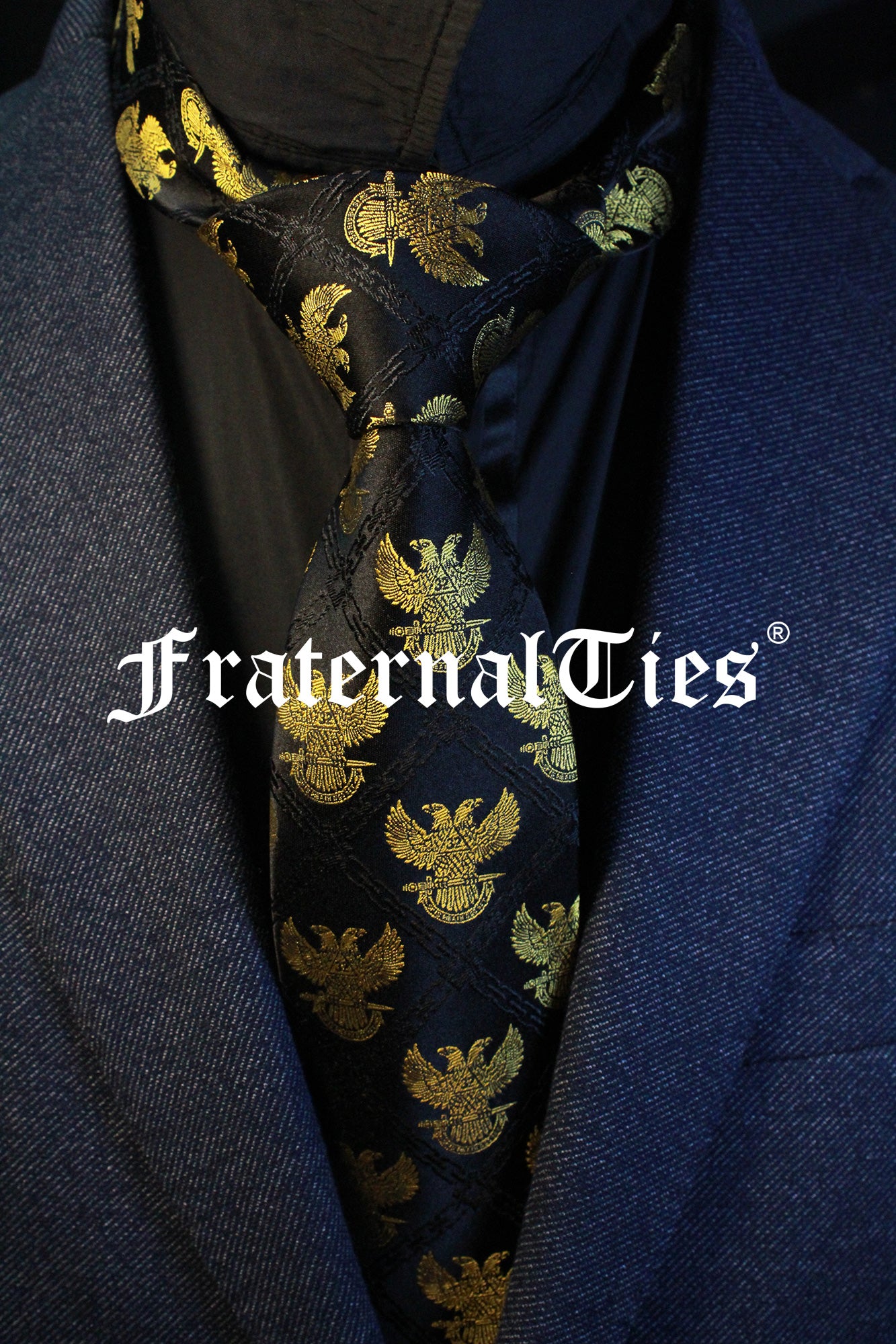 32° Wings Up Scottish Rite Silk Necktie, Gold on Black