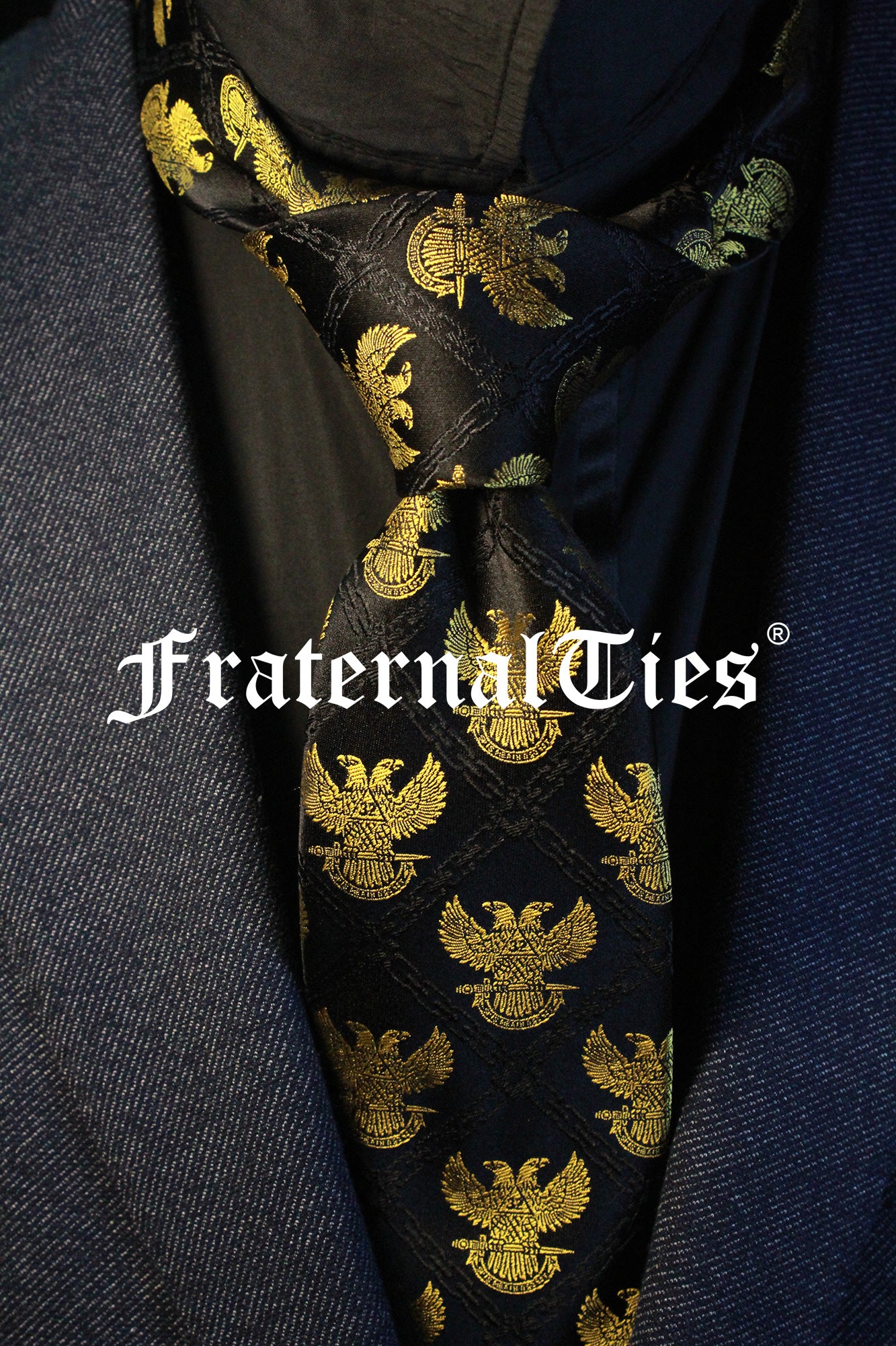 32° Wings Up Scottish Rite Silk Necktie, Gold on Black