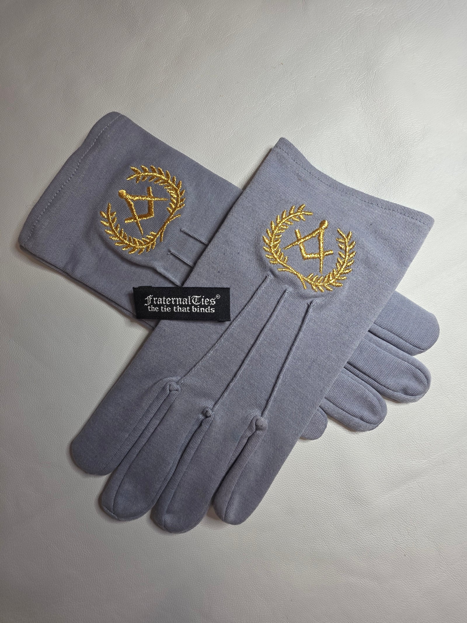 Gray Masonic Gloves with Gold Embroidery for Daylight Lodge