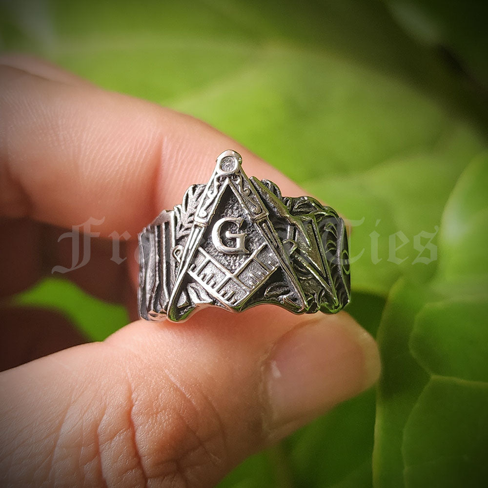 Trowel and Sprig of Acacia Stainless Steel Masonic Ring