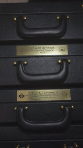Personalized Masonic brass nameplates showing various laser-engraved logos and lettering options.