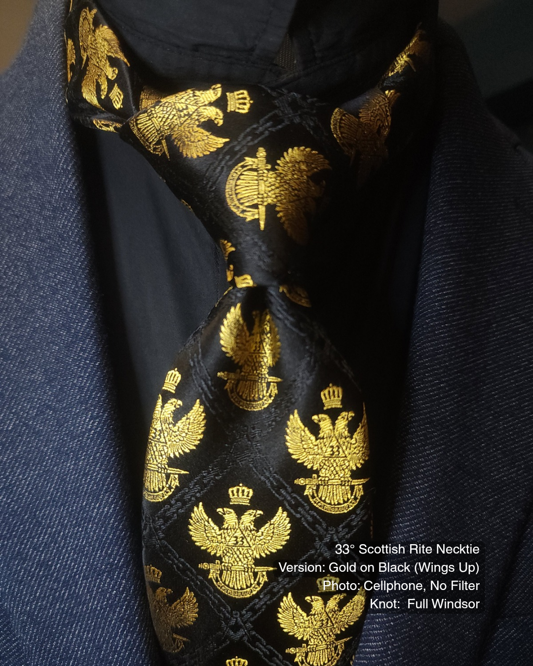 33° Scottish Rite Necktie, Gold on Black, Wings Up