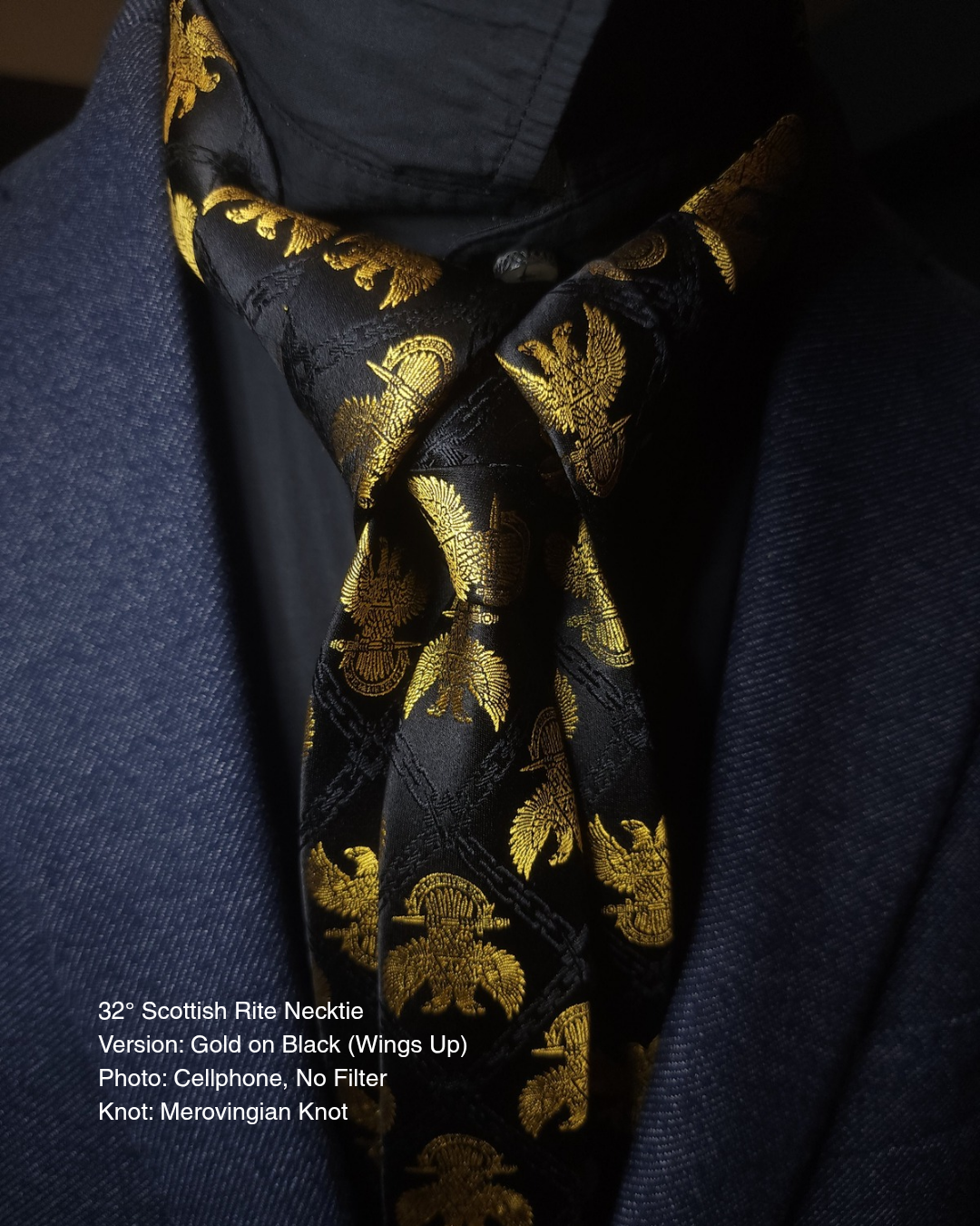 32° Scottish Rite Necktie, Gold on Black, Wings Up